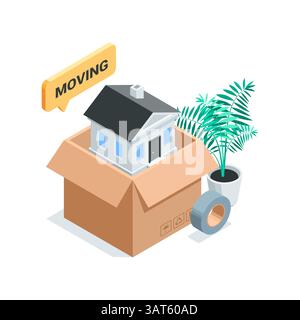 isometric vector house in a box and text bubble with the inscription moving near scotch tape, in color on a white background, service for moving apart Stock Vector