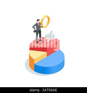 isometric vector business man with magnifying glass on pie chart, in color on white background, working with financial data or statistics Stock Vector