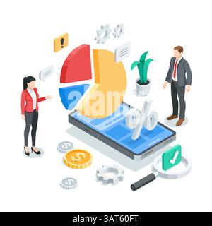 isometric vector business people analyzing a chart on smartphone screen, in color on a white background, statistics data research and professional tea Stock Vector