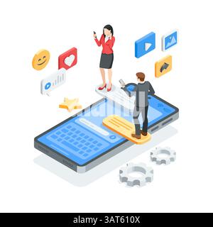 isometric vector business man and woman on smartphone screen chatting, in color on white background, online chat or messaging app Stock Vector