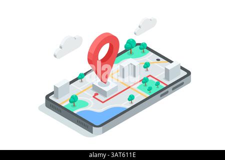 Isometric vector smartphone with map and location icon, in color on white background, route search by map or geodata Stock Vector