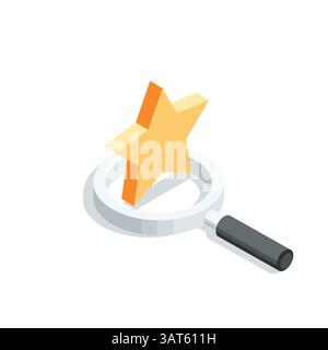 isometric vector star and magnifying glass, in color on white background, rate or search by rating Stock Vector