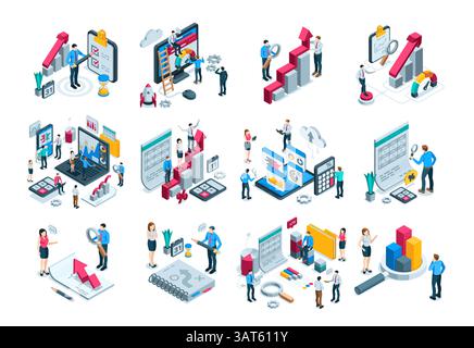 isometric vector set of business people working with charts and diagrams and documents, in color on white background, work with statistical and financ Stock Vector