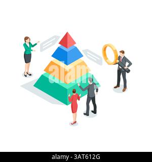 isometric vector business people analyzing pyramid chart, in color on a white background, statistics data research and professional team work Stock Vector