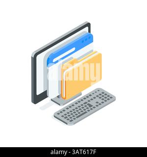 isometric vector icon computer and folder in program window, in color on white background, working with data or root directory Stock Vector