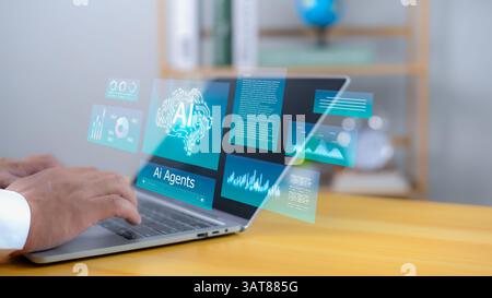 AI Agents and Assistants, Human Uses AI Agents on laptop and tablet to Manage Important Things in Life, Introduction of Artificial Intelligence and AI Stock Photo