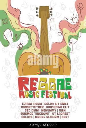 abstract accoustic guitar with three color aura for reggae music festrival poster concept. international paper size music poster template vector illus Stock Vector