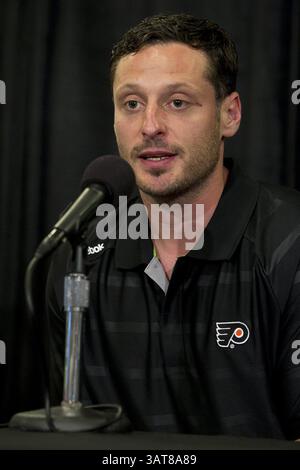 July 9, 2013 - Philadelphia, PA, USA - The Philadelphia Fiyers' Mark Streit during a news conference in the Hall of Fame room at the Wells Fargo Center in Philadelphia, Pennsylvania, on Tuesday, July 9, 2013. (Credit Image: © Alejandro A. Alvarez/MCT/ZUMAPRESS.com) Stock Photo