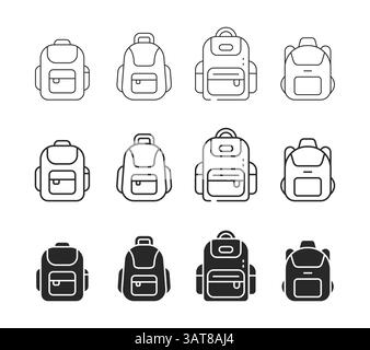 School backpack icon set solid and line art bag symbol Stock Vector