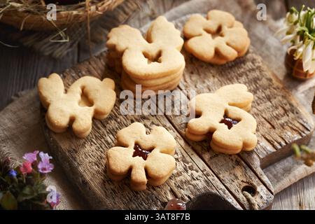 Homemade animal shaped Easter cookies filled with marmalad, with lungwort flowers in spring Stock Photo