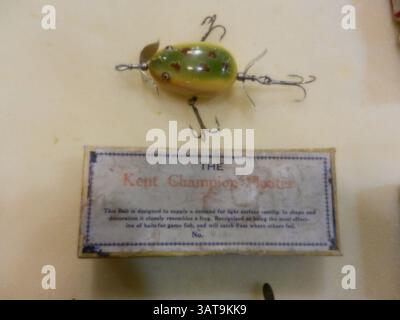 One of the many antique fishing lures that was on display at the National Fishing  Lure Collectors Club annual convention in Kansas City, a Pflueger Kent  Champion Floater topwater lure, manufactured in