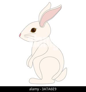 White rabbit with pink ears sits sideways and looks at you with brown eyes. Simple vector drawing of Easter bunny in cartoon flat style on white backg Stock Vector