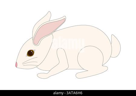 Simple illustration of a white rabbit with pink ears and brown eyes in cartoon flat style on white background. Adorable animal - Easter bunny. A festi Stock Vector