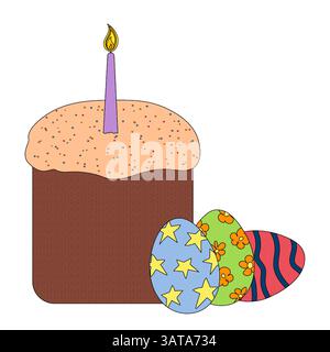 Traditional National Religious Easter cake - kulich - with icing, a lit candle, and colorful ornate eggs, symbol Easter celebration. Simple vector dra Stock Vector