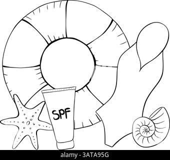 Swimsuit, starfish, seashell, SPF cream composition. Vector graphic line ink Tourist symbols and attributes for relaxing on the beach isolated on a wh Stock Vector