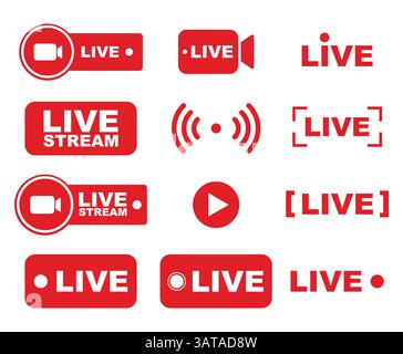 Live streaming icons. Red symbols and buttons of live streaming, broadcasting, online stream. Template for tv, shows, movies and live performance. Stock Vector