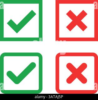 Green checkmark and red cross on isolated white background vector symbol for right and wrong choices. Modern flat design, Checkmark icon set. Stock Vector