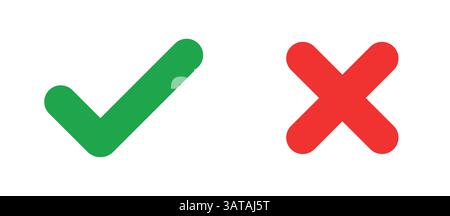 Green checkmark and red cross on isolated white background vector symbol for right and wrong choices. Modern flat design, Checkmark icon set. Stock Vector