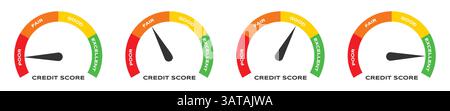 Poor to excellent rating for credit or mortgage loans concept flat style design vector illustration. credit score arrow gauge speedometer indicator. Stock Vector