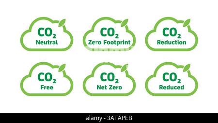 CO2 labels with green cloud symbols representing carbon neutrality zero footprint emission reduction environmental sustainability eco friendly climate Stock Vector