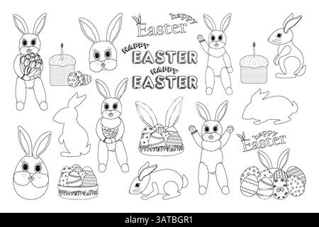 Outline set with Easter bunnies, white rabbits, bunny silhouettes, bouquet of tulip flower, ornate eggs, cakes - kulich, - and greetings HAPPY EASTER. Stock Vector