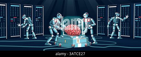 Robots collaborating on advanced data processing within a futuristic data center in a sci-fi scenario Stock Vector