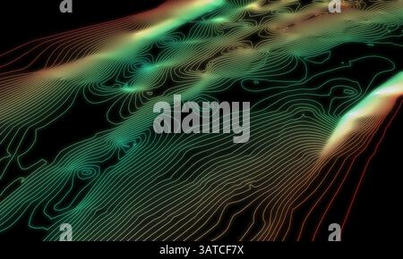 Vivid contour lines in a digital geographic map illustrate terrain features and elevation changes, 3d rendering illustration Stock Photo