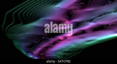 Abstract image featuring neon-colored lines forming a fluid topographical design on a dark background, evoking concepts of data visualization, futuris Stock Photo