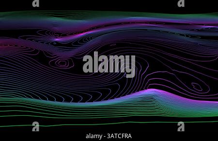 Abstract colorful contour lines in gradients of purple, green, and blue on a black background, symbolizing topographic mapping, artistic expression, a Stock Photo