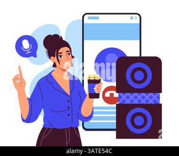 Woman using voice assistant technology. Vector illustration Stock Vector