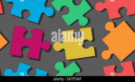 Puzzles seamless pattern. Colorful 3d puzzle pieces with shadows. Creativity and diversity concept. Teamwork and idea finding concept. Stock Vector