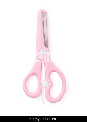 Children's pink scissors isolated on white background, top view Stock Photo