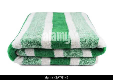 Carefully folded soft striped bath green towel isolated on white background. Terry cloth, striped pattern towel texture, cotton bath textile or microf Stock Photo