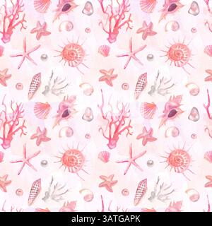 Watercolor seamless pattern with shells and pearls. Hand painting ...