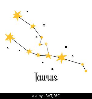 Taurus Zodiac constellation. Vector isolated astrological sign, symbol, element. Constellation scheme with cute stars and doodles. Simple design of Stock Vector