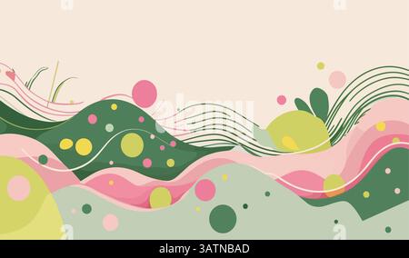 Fresh and cute abstract spring border with geometric curves, pastel polka dots, floral accents, and a clean memphis-inspired composition. Perfect for Stock Vector