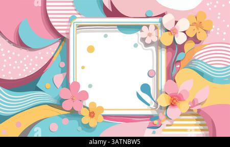 Fresh and cute abstract spring border with geometric curves, pastel polka dots, floral accents, and a clean memphis-inspired composition. Perfect for Stock Vector