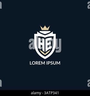 Initial letter HE shield and crown logo style, esport team logo design inspiration vector graphic Stock Vector
