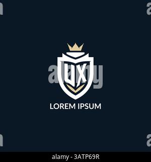 Initial letter UX shield and crown logo style, esport team logo design inspiration vector graphic Stock Vector