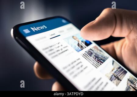 News and press release. Headlines and newspaper media in phone. Reading articles online. Mobile in hand. Feed, breaking report. Stock Photo