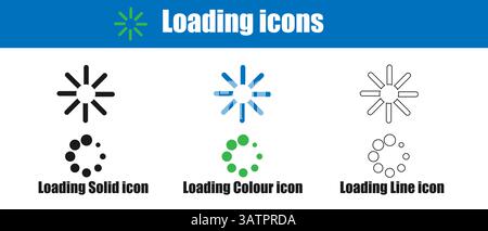 Loading Icon in Color, Silhouette, Solid, and Line Styles Stock Vector