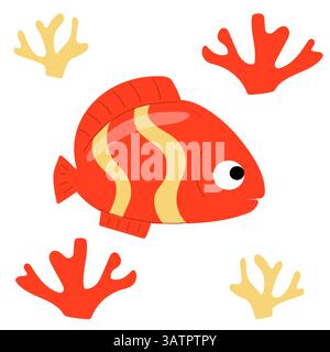 Cartoon Style Red Tropical Fish, Cute and Colorful Underwater Marine Life Illustration for Ocean, Aquarium, and Kids Designs Stock Vector
