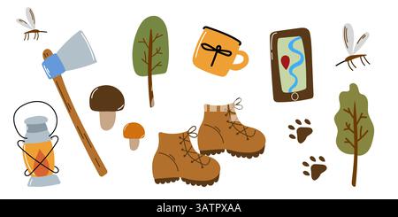 Camping Gear Set with Hiking Boots, Axe, Mushrooms, Navigation Tools, Tree, Mosquito, Bear Tracks, and Mug, Adventure and Nature Icons for Outdoor Act Stock Vector