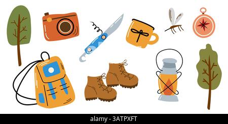 Camping and Campfire Set with Camera, Tree, Multitool Knife, Mug, Mosquito, Compass, Backpack, Lamp, Hiking Boots, and Outdoor Essentials for Wilderne Stock Vector
