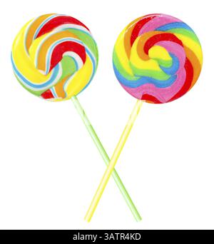 Two flat round coloutful lollipops, isolated over white Stock Photo