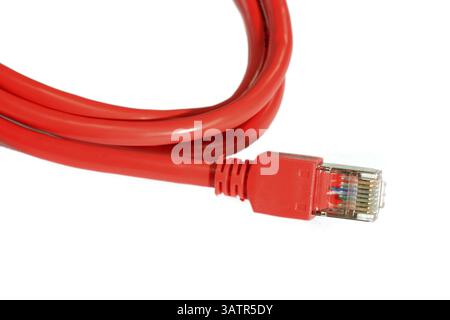 Network cable on white background Close up of a red network cable on light background Stock Photo