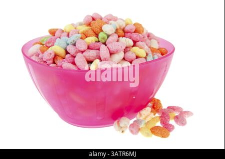 Pink plastic bowl with colourful sweets isolated over white background Stock Photo