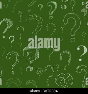 Lots of different question marks drawn with chalk on green board, seamless pattern Stock Photo