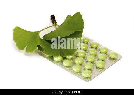 Green tablets with gingko leaves - cropped on a white background Stock Photo