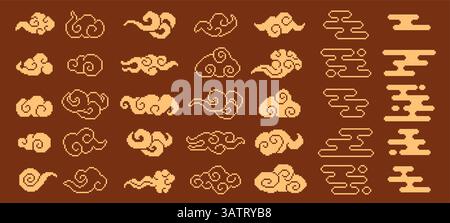 Pixel art oriental lucky clouds. Asian cloud shapes, pixelated Japanese ornaments, Chinese Xiangyun auspicious clouds and retro 8 bit decorative smoke Stock Vector